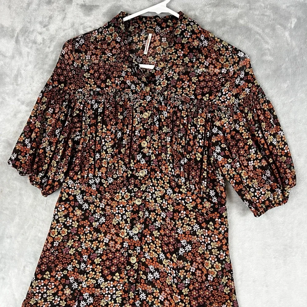 Free People Floral Mini Dress Button Front Puff Sleeve Ditsy Print Brown Multi